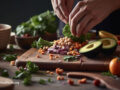 Close up of person’s hands preparing meal with fresh veggies